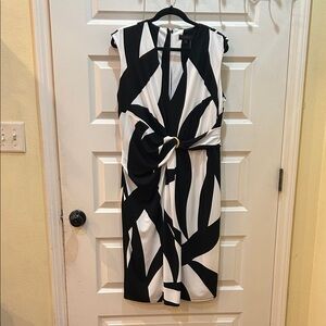 Donna Karan Black and White Knot-Front Midi Dress
